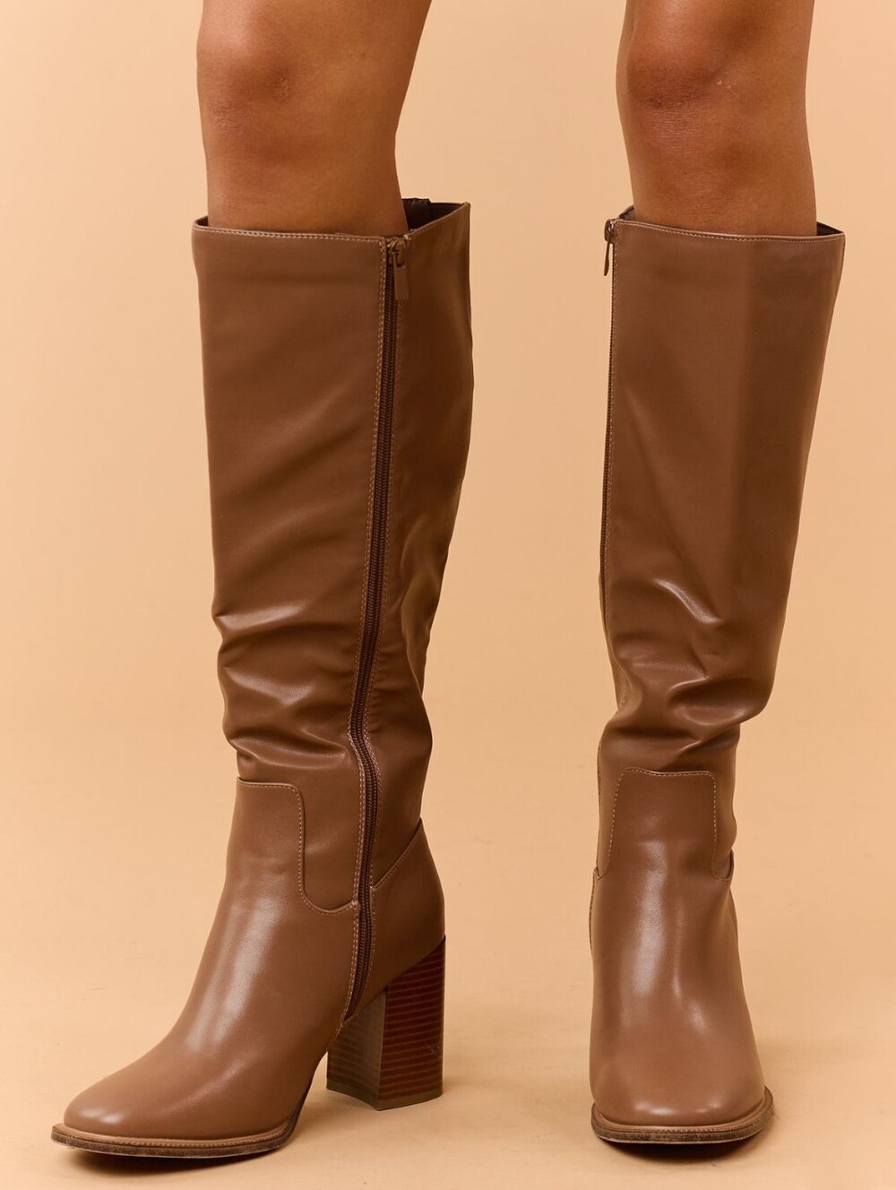Camel Knee-High Block Heel Boots